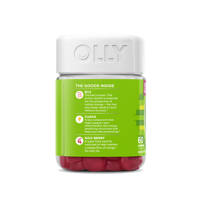 OLLYs Daily Energy gummy bottle features a white lid and green label, emphasizing its B12, CoQ10, and Goji Berry blend. This energy supplement pack includes 60 gummies to keep you energized all day.