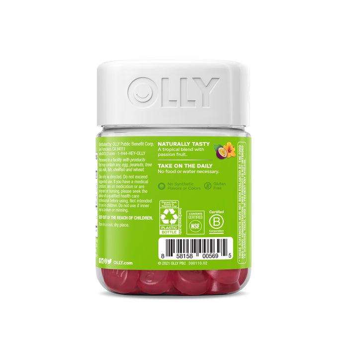 A bottle of OLLY Daily Energy gummies has green labeling with fruit imagery. It emphasizes being naturally tasty, gluten-free, and free from artificial flavors. These B12-packed energy supplements come in a recyclable bottle.