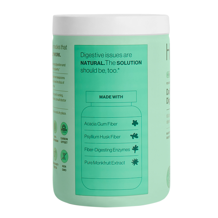 Hilmas Daily Fiber + Digestive Enzymes comes in a green container with a white lid. Designed for sensitive stomachs, it contains acacia gum fiber, prebiotic fiber, psyllium husk fiber, digestive enzymes, and monk fruit extract, with eco-friendly symbols displayed.