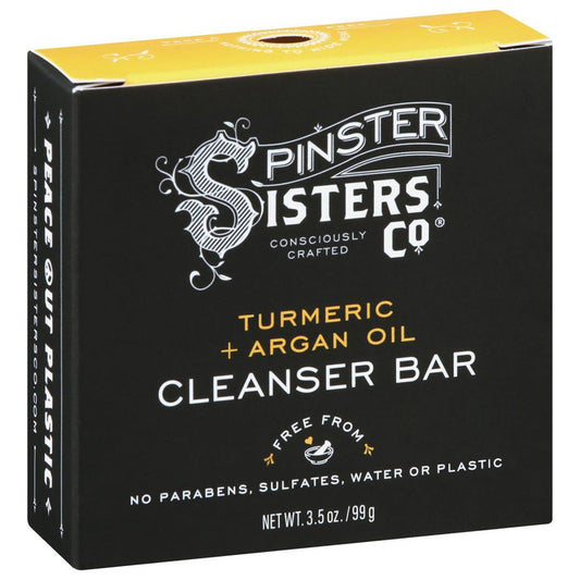 The Spinster Sisters Co. Face Cleanser Bar, packaged in a sleek black and yellow box, offers the benefits of turmeric and argan oil. Weighing 3.5 oz (99g), it’s free from parabens, sulfates, water, and plastic. Embrace eco-friendly skincare with this Peace out plastic product.