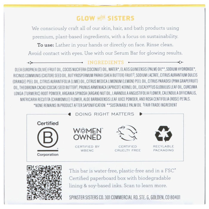 Spinster Sisters Co.s Face Cleanser Bar highlights commitment to purity and sustainability. Enriched with argan oil, it embodies wellness. As a Certified B Corporation and Cruelty-Free product, it epitomizes eco-conscious skincare.