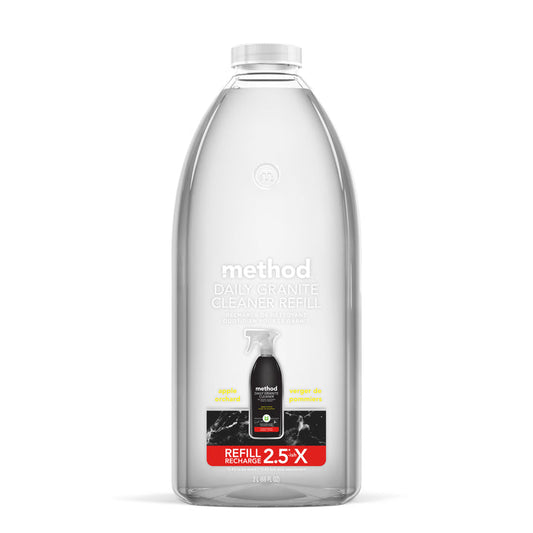 The Method Daily Granite Cleaner Refill, with an apple orchard scent, is perfect for granite and marble countertops. It features a transparent bottle with a black spray bottle image on the label and a red REFILL 2.5X banner, plus Leaping Bunny certification for eco-friendliness.
