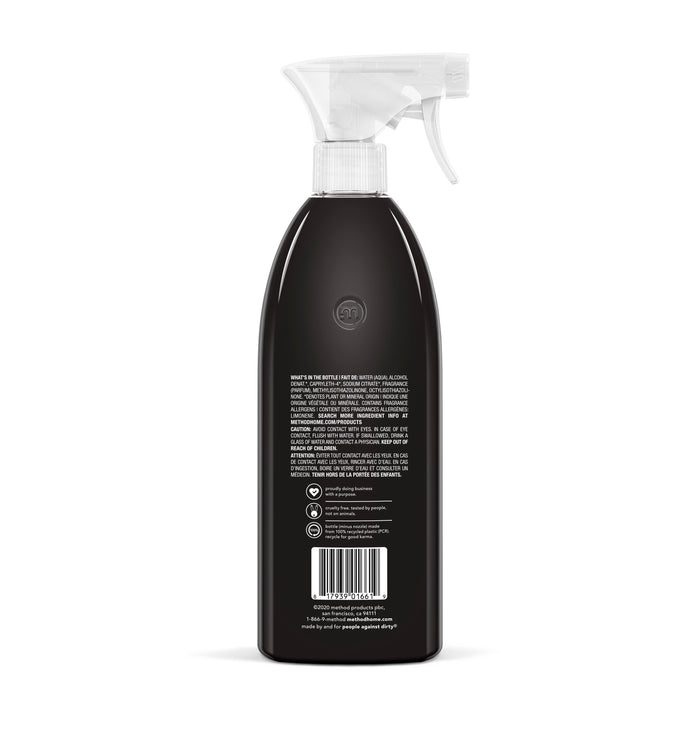 The method Daily Granite Cleaner features a trigger nozzle spray bottle with a black label showcasing text, symbols, and a barcode on the back. Ideal for maintaining granite or marble surfaces elegance, it stands upright against a white background.