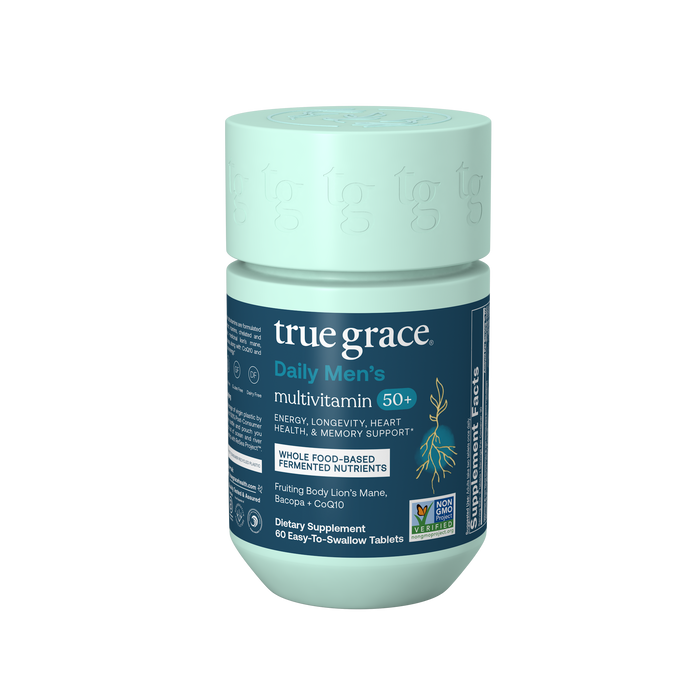 True Grace Daily Men’s 50+ Multivitamin offers energy, heart, memory, and longevity support in a teal bottle with 60 easy-to-swallow tablets; features non-GMO and certified B corporation logos.