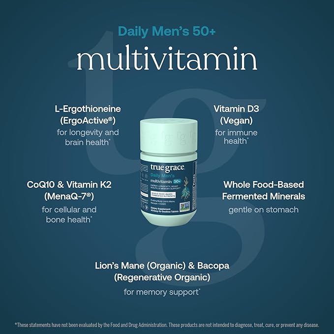 A blue graphic features True Grace Daily Men’s 50+ Multivitamin, spotlighting key ingredients like L-Ergothioneine, Vitamin D3, and organic Lions Mane for memory and longevity support.