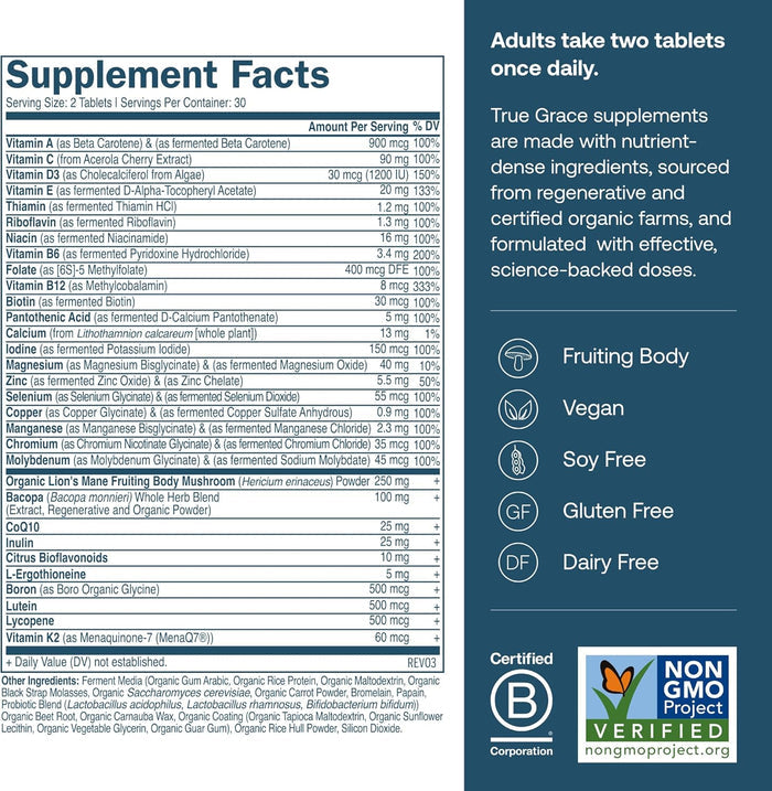 The Supplement Facts label for True Grace Daily Men’s 50+ Multivitamin lists vitamins, minerals, and amounts. Right side highlights two-tablet serving, vegan, soy-free, gluten-free features, memory support benefits, and NON GMO Project Verified badge.