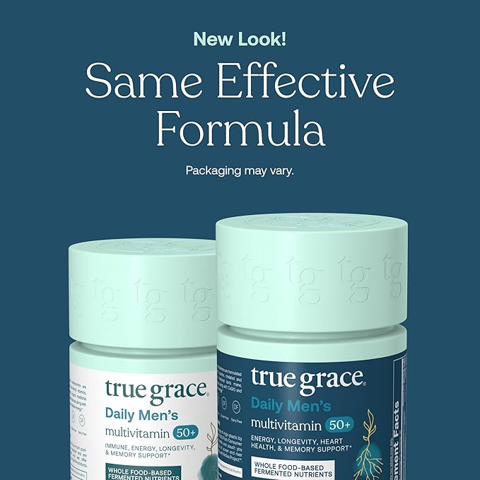 Two bottles of True Grace Daily Men’s 50+ Multivitamin are set against a teal background with the text: “New Look! Same Effective Formula. Now with longevity support. Packaging may vary.”.