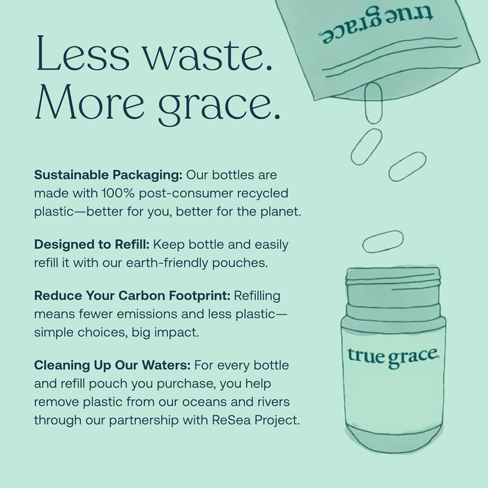 An illustrated graphic promotes sustainable packaging for True Grace Daily Men’s 50+ Multivitamin, highlighting reduced waste, refillable design, lower carbon footprint, and ocean cleaning benefits through a partnership.