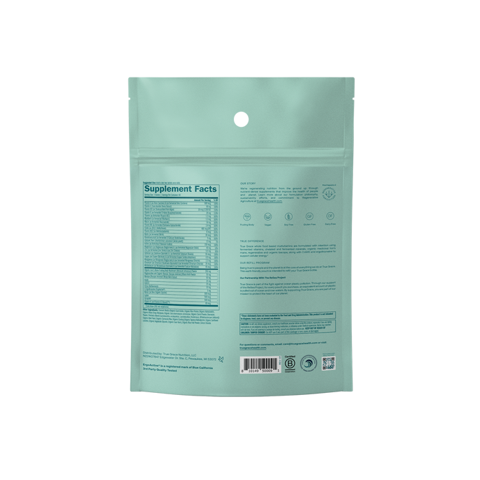 Back view of True Graces light green, resealable Daily Men’s 50+ Multivitamin - Refill Pouch displays nutritional info and instructions. Includes Supplement Facts in small print for longevity support. Bottom features barcodes and a QR code.