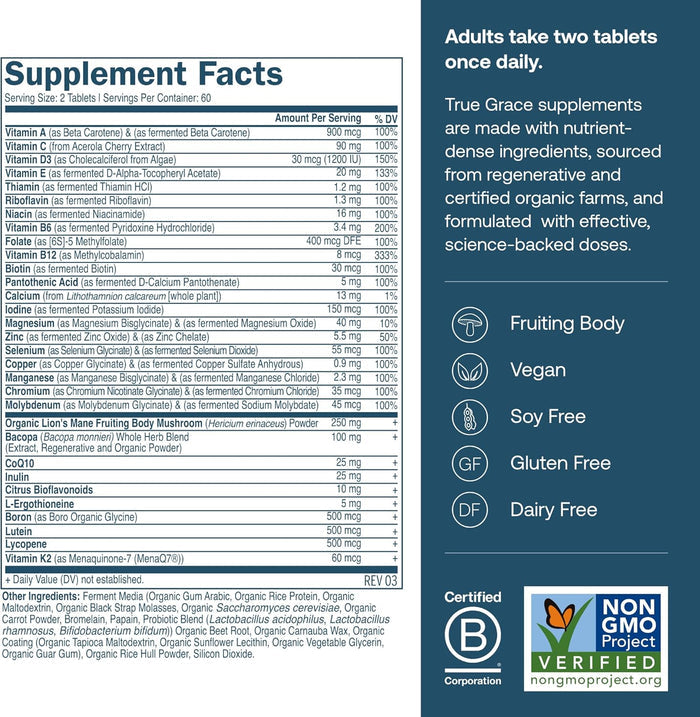 True Grace Daily Men’s 50+ Multivitamin – Refill Pouch supplement facts label lists vitamins, minerals, and ingredients. Features: for men 50+, adults take 2 tablets, non-GMO, vegan, soy free, gluten free, dairy free, Certified B Corp.