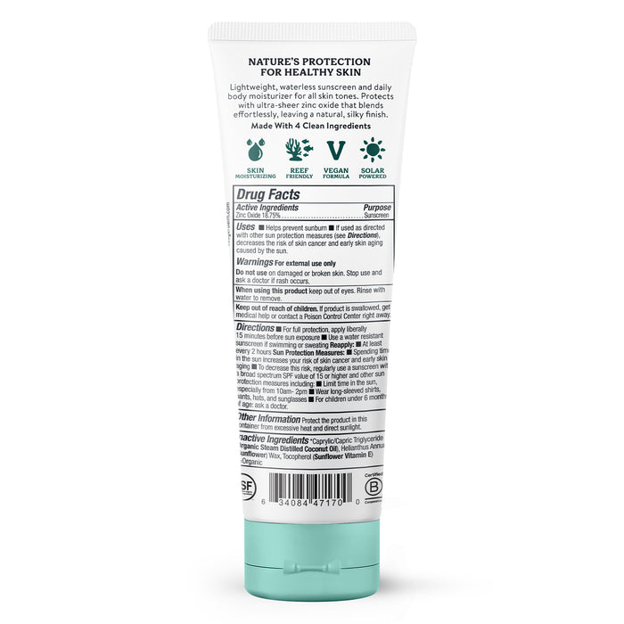 A tube of Badger Balms Daily Mineral Sunscreen SPF 30 has a teal cap and highlights its lightweight, reef-friendly, vegan, and solar-powered features. It also moisturizes. The back lists drug facts, active ingredients, warnings, and directions.