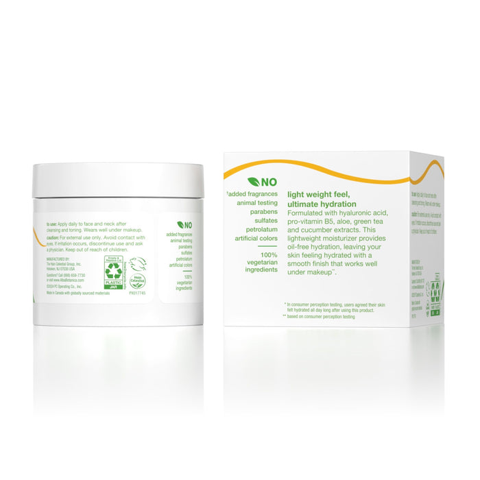 A white jar and box of Alba Botanica Daily Oil-Free Hydrating Moisturizer with green text, highlighting lightweight, oil-free hydration with hyaluronic acid—free from fragrances, parabens, sulfates, petroleum, and artificial colors.