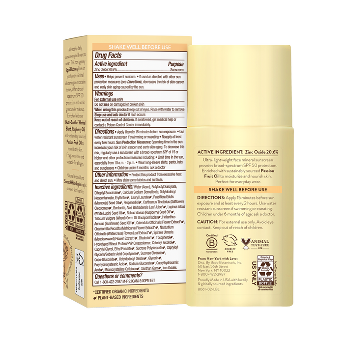 A yellow bottle of Babo Botanicals Daily Sheer Fluid Mineral Sunscreen - SPF 50 stands before its box. The label highlights active ingredients and usage instructions, while the box presents detailed info, including ingredients, directions, and a cruelty-free symbol.