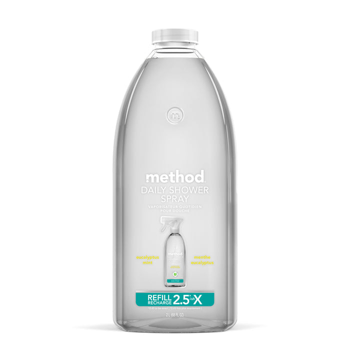 A clear bottle of methods Daily Shower Refill features a eucalyptus mint scent and 2.5x refill size, offering 68 fl oz powered by powergreen™ technology. This vegan-friendly cleaner is highlighted with a small image of the spray bottle on its label.