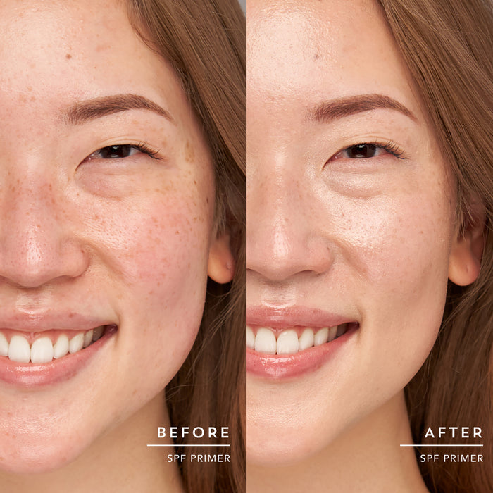 A smiling persons face is split in half: the left side shows freckles and natural texture labeled Before Daily SPF Primer, while the right reveals smooth, even skin marked After Daily SPF Primer. This highlights the transformative power of Indie Lees product with niacinamide benefits.