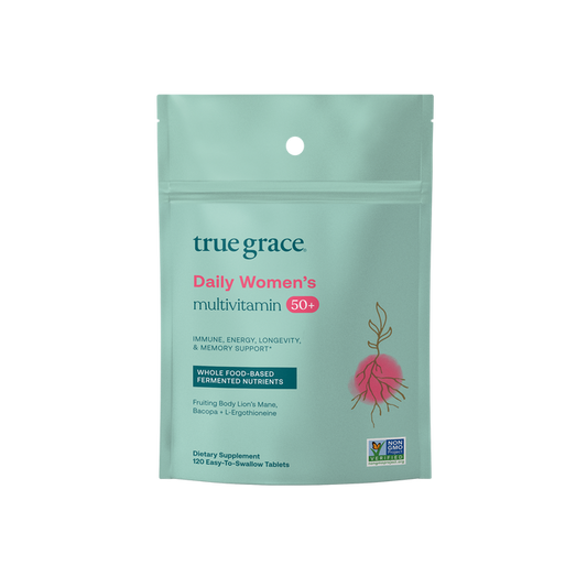 A teal true grace Daily Women’s 50+ Multivitamin - Refill Pouch promotes memory and longevity support, featuring whole food-based fermented nutrients like Lions Mane, Bacopa, and L-Ergothioneine for immune and energy benefits.