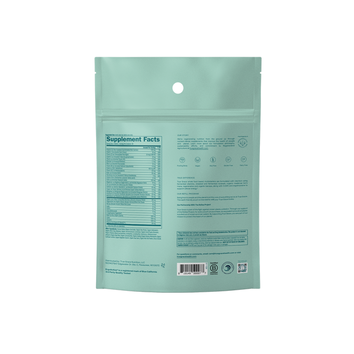 The light teal packaging of True Graces Daily Women’s 50+ Multivitamin - Refill Pouch features detailed supplement facts supporting memory and longevity, with manufacturing details, a barcode, and QR code. The sealed package showcases the back view.