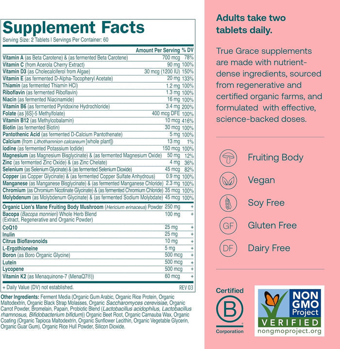 Supplement facts for True Grace Daily Women’s 50+ Multivitamin - Refill Pouch lists vitamins, minerals & more. Side panel highlights: Fruiting Body, Vegan, Soy Free, Gluten Free, Dairy Free, certifications & memory support.