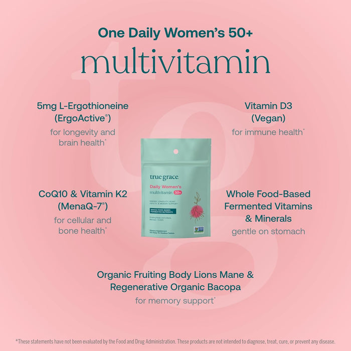 A product image for True Grace Daily Women’s 50+ Multivitamin - Refill Pouch, featuring memory and longevity support with 5mg L-Ergothioneine, vegan Vitamin D3, CoQ10, Vitamin K2, fermented nutrients, and organic lion’s mane.