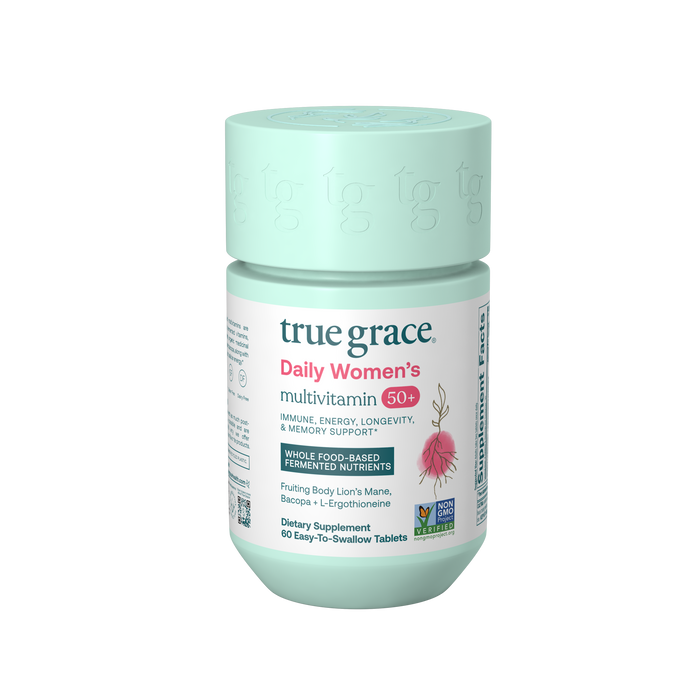 A mint green bottle of True Grace Daily Women’s 50+ Multivitamin Tablets offers longevity and memory support* with a non-GMO formula, featuring 60 easy-to-swallow tablets.