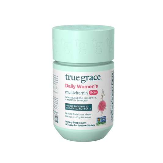 A mint green bottle of True Grace Daily Women’s 50+ Multivitamin Tablets offers longevity and memory support* with a non-GMO formula, featuring 60 easy-to-swallow tablets.