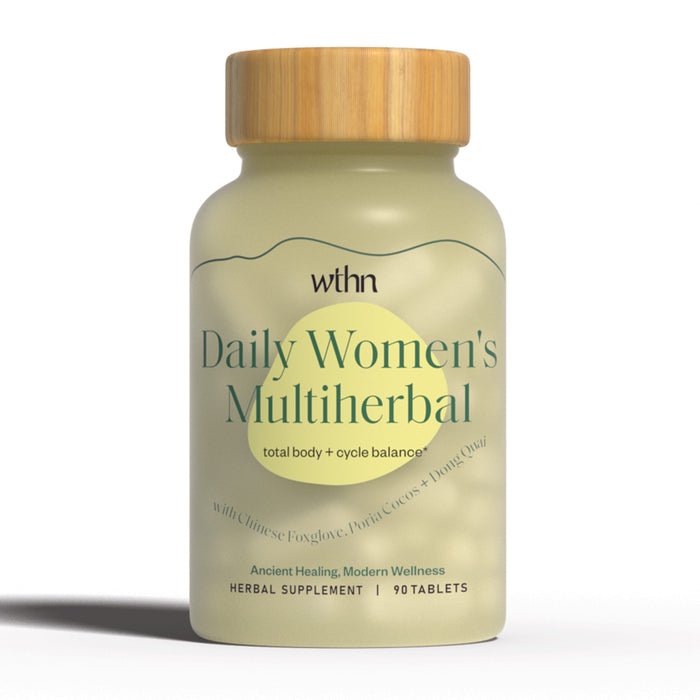 The Daily Womens Multiherbal by WTHN, labeled for total body and cycle balance, holds 90 tablets promoting ancient healing and modern wellness. Featuring a wooden cap, it supports hormonal balance for todays women.