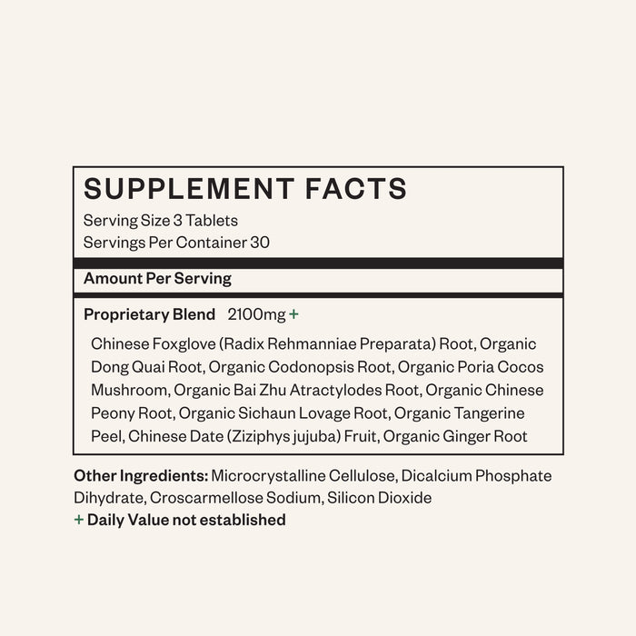 The WTHN Daily Womens Multiherbal - For Total Body + Cycle Balance supplement has a serving size of 3 tablets with 30 servings per container. It features organic ingredients like Chinese Foxglove, Bai Zhu Atractylodes Root, Peony Root, and Chinese Date to support womens cycle regulation and hormonal balance.