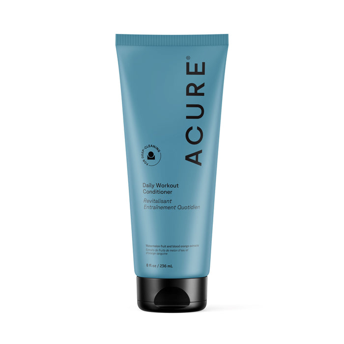 A blue tube of Acure Daily Workout Conditioner with black cap and bilingual text, featuring a fitness icon. Contains 8 fl oz (236 ml) with watermelon seed extract—ideal for daily hair cleansing.
