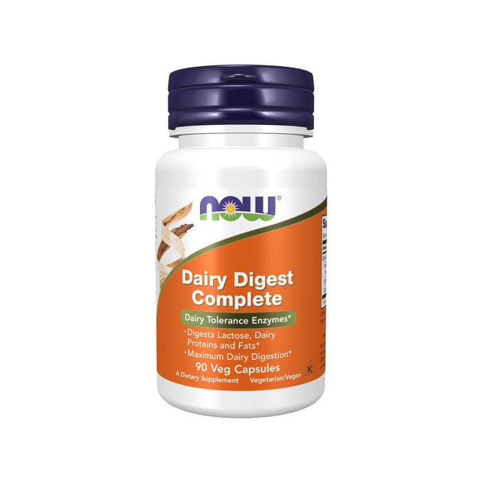 NOW Foods Dairy Digest Complete features a white bottle with an orange label, containing 90 vegetarian capsules. Designed to aid lactose intolerance, it showcases the NOW logo alongside wheat and dairy images, enhancing maximum dairy digestion.