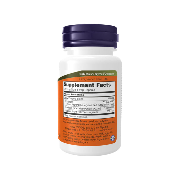NOW Foods Dairy Digest Complete - Dairy Tolerance Enzyme showcases probiotics and enzymes for dairy digestion in a white bottle with label details like supplement facts and manufacturer info. The bottle, featuring a white cap, is set against a white background.