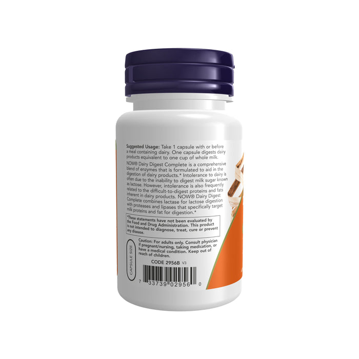 A white bottle with a dark blue cap labeled Dairy Digest Complete - Dairy Tolerance Enzyme for Maximum Dairy Digestion from NOW Foods aids lactose intolerance, featuring enzyme details. Its partial orange and beige design complements the barcode and product code at the bottom.