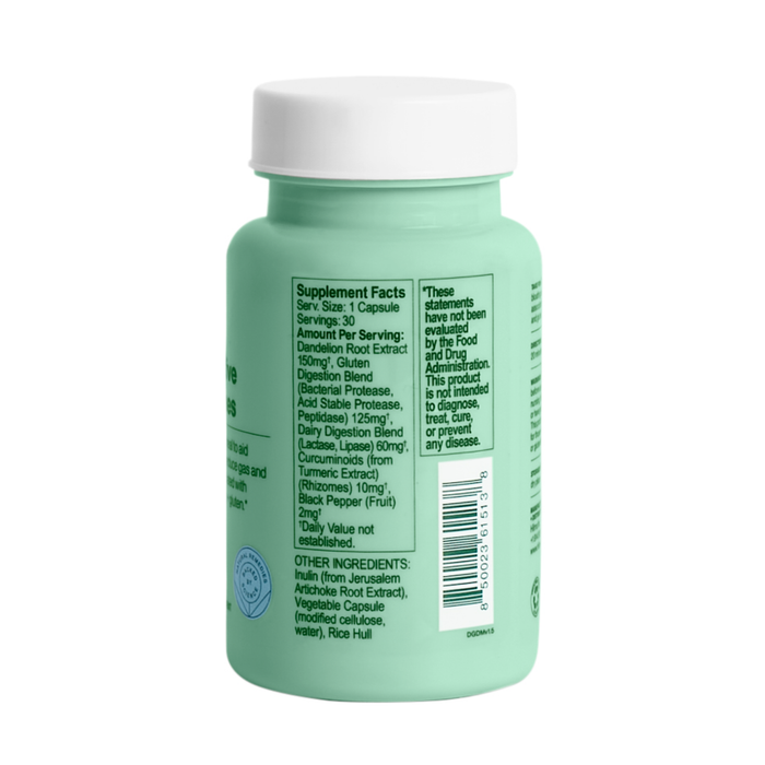 The Hilma Dairy + Gluten Digestive Enzymes bottle, green with a white cap, lists supplement facts including Digestion Root Extract and Protein-Digesting Blend to support gluten and dairy digestion. A disclaimer states these claims havent been evaluated by the FDA.
