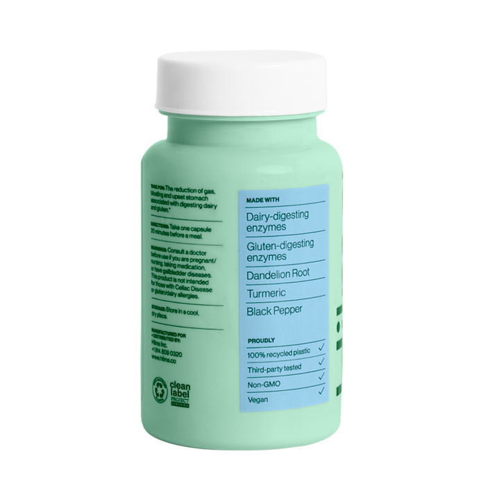 Hilmas Dairy + Gluten Digestive Enzymes comes in a mint green bottle with a white cap. It contains digestive enzymes for dairy and gluten, plus dandelion root, turmeric, and black pepper. The label highlights its non-GMO, vegan attributes and that its made from recycled plastic.