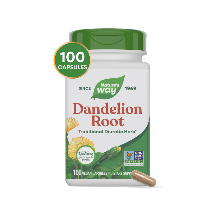 Natures Way Dandelion Root offers 100 vegan capsules per bottle, providing 1575 mg per serving. This traditional diuretic herb is Non-GMO Project Verified and ideal for herbal teas. One capsule shown next to the bottle.