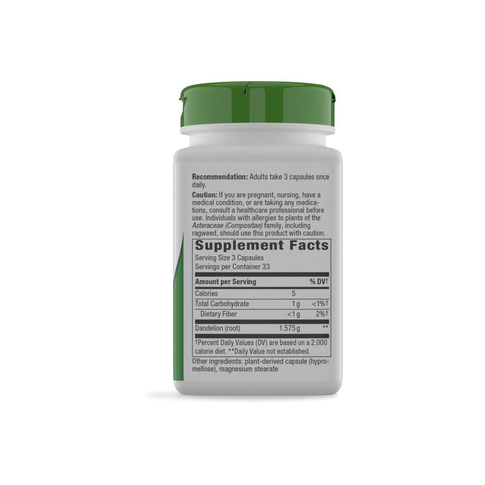A white plastic bottle with a green cap labeled Natures Way Dandelion Root shows supplement facts, directions to take 3 capsules daily, and ingredients like dandelion root, cellulose, and magnesium stearate.
