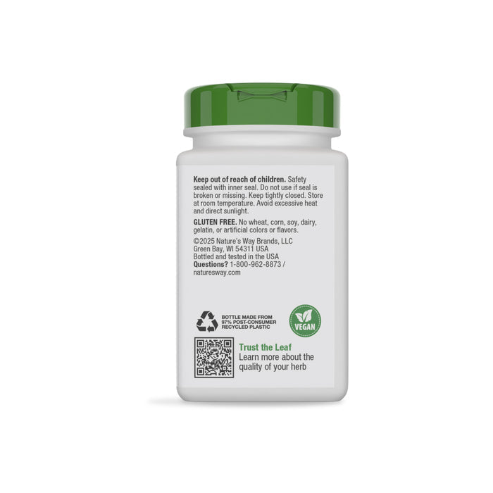 A white bottle with a green cap from Natures Way displays the back label showing usage, allergy info, company details, and vegan and recycled icons—perfect for those interested in herbal teas or diuretic herbs like Dandelion Root.