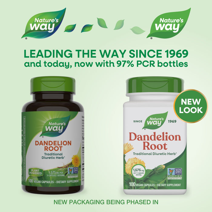 Two Natures Way Dandelion Root bottles—classic dark and new white—highlight a fresh look, 97% PCR bottles, and the trusted diuretic herb used in many teas since 1969.