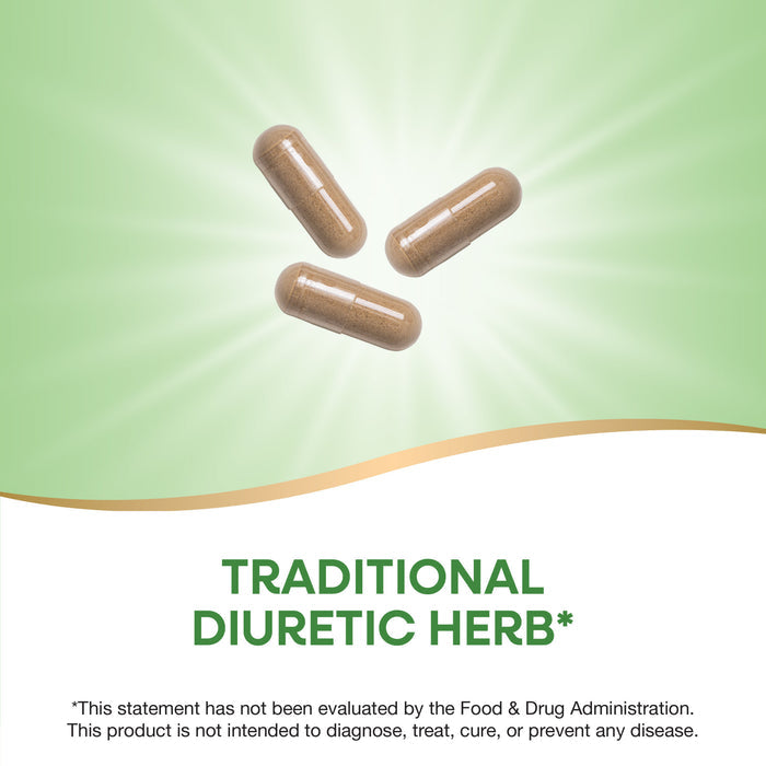 Three brown capsules appear on a green background with rays of light. Below, bold text reads Natures Way Dandelion Root—Traditional Diuretic Herb*—with an FDA disclaimer about evaluation and intended use.