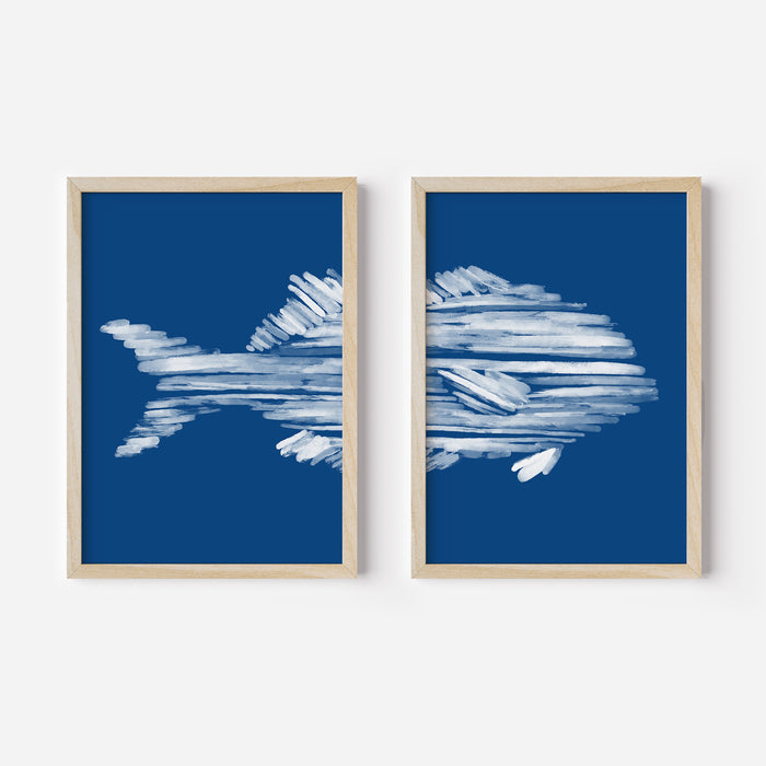Deep Azure Blue Perch Fish Diptych - Set of 2  - Art Prints or Canvases - Jetty Home