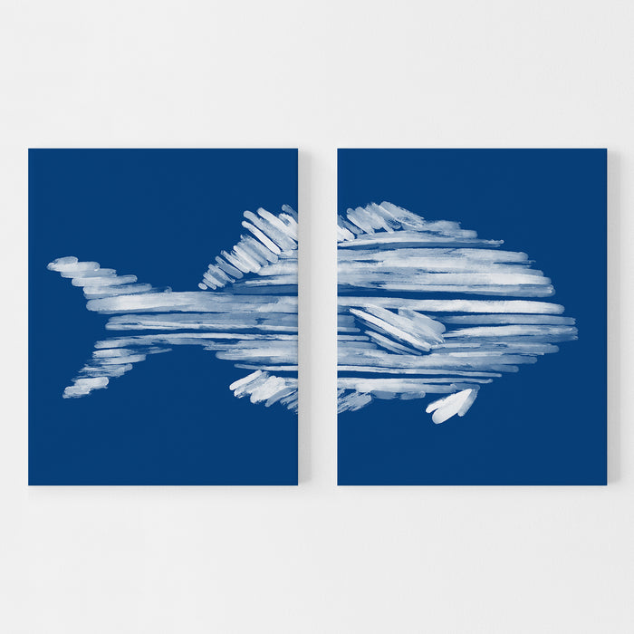 Deep Azure Blue Perch Fish Diptych - Set of 2  - Art Prints or Canvases - Jetty Home
