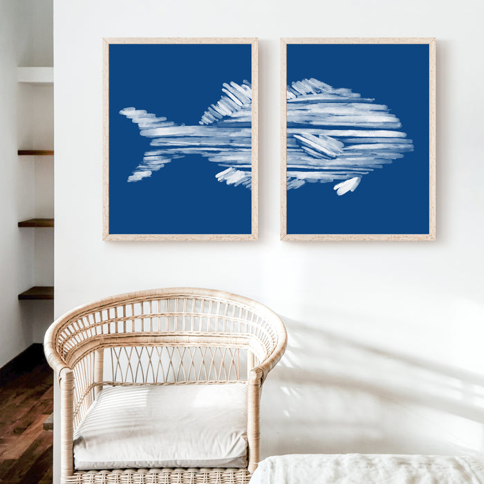 Deep Azure Blue Perch Fish Diptych - Set of 2  - Art Prints or Canvases - Jetty Home