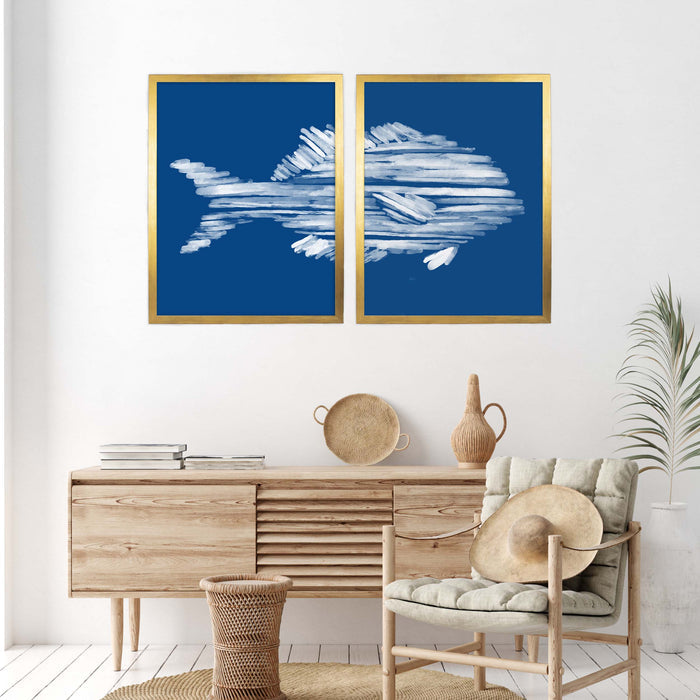 Deep Azure Blue Perch Fish Diptych - Set of 2 - Jetty Home