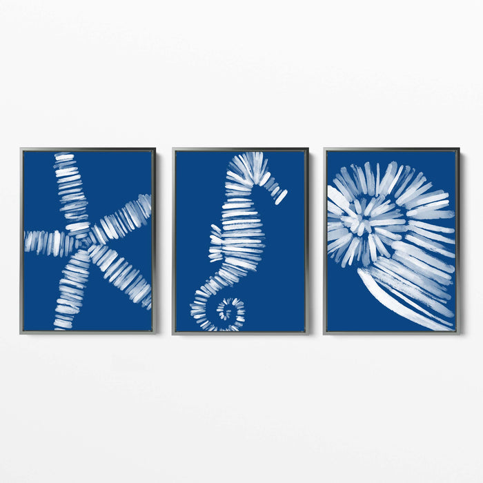 Deep Azure Blue Sea Life Triptych - Set of 3 - Jetty Home