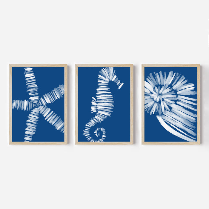 Deep Azure Blue Sea Life Triptych - Set of 3 - Jetty Home