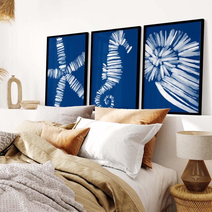 Deep Azure Blue Sea Life Triptych - Set of 3 - Jetty Home