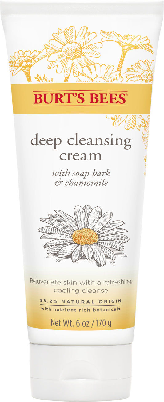 Burts Bees Deep Cleansing Cream, featuring floral illustrations, includes soap bark, chamomile, and aloe. It is 98.2% natural origin and offers a refreshing menthol-cooling cleanse that rejuvenates skin. Net weight: 6 oz / 170 g.