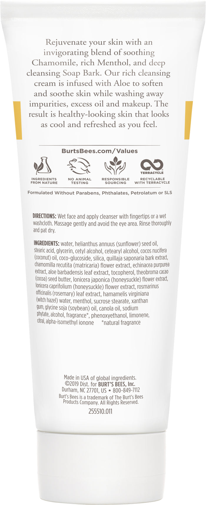 The image shows Burts Bees Deep Cleansing Cream, known for its rejuvenating chamomile and aloe, plus skin-cooling menthol. The label includes usage instructions, ingredients, manufacturing details, and contact info.