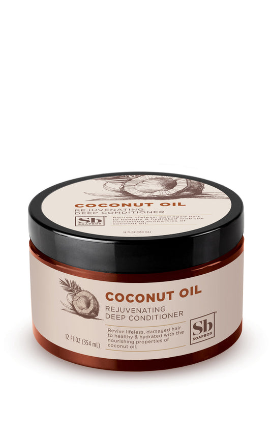 Soapboxs Deep Conditioner - Moisturizing Coconut Oil Jar features a beige round container with coconut illustrations. This sulfate-free rejuvenating conditioner holds 12 fl oz (354 ml) of product.
