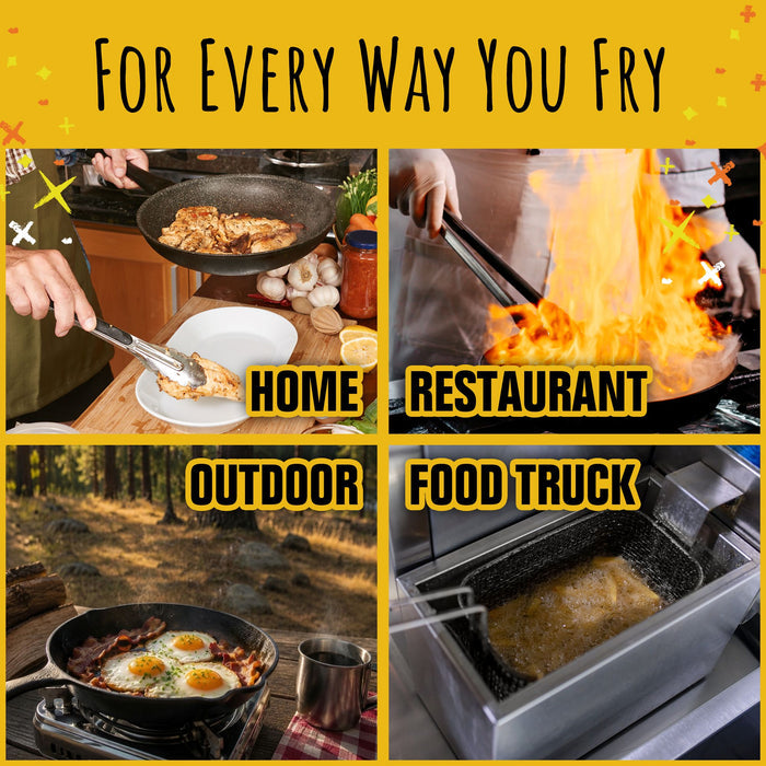 A collage displays frying in a home kitchen, a restaurant with dramatic flames, an outdoor campfire, and a food truck fryer—each scene showcasing how FryAway Pan Fry Used Cooking Oil Solidifier Powder makes cleaning up used oil easy in any setting. Labels identify the four different settings under the caption For Every Way You Fry.