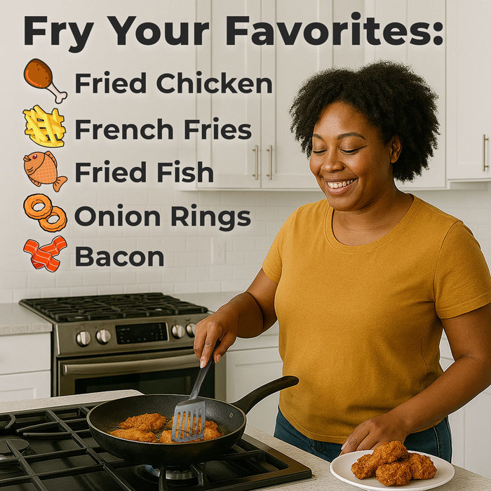 A woman in a yellow shirt fries chicken in her kitchen, using FryAway Pan Fry Used Cooking Oil Solidifier Powder for easy cooking oil cleanup. The text lists Fried Chicken, French Fries, Fried Fish, Onion Rings, and Bacon with small corresponding icons. Smiling, she holds a plate by the stove.